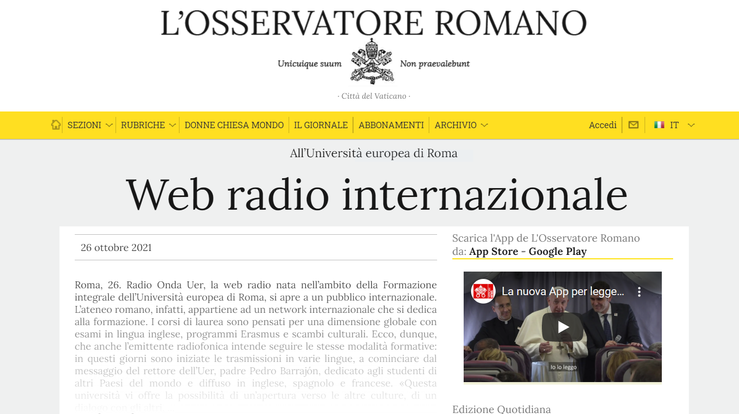 Radio Onda UER sull’Osservatore Romano